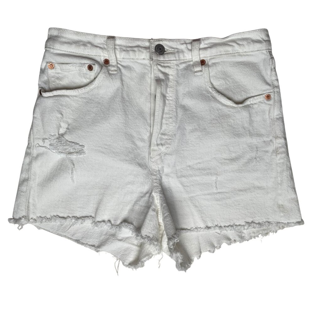 Women's Levi's Distressed White/Cream Denim Ribcage Shorts High Rise, 29/8